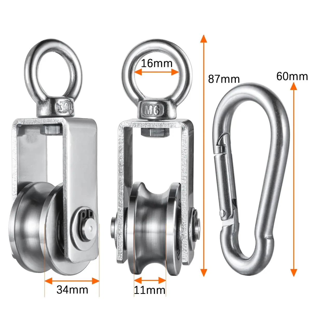 SHINICO M34 Pulley Wheel with Carabiner, 250 kg (551 lbs) Load Capacity | Stainless Steel, Smooth Silent Bearings - view 2