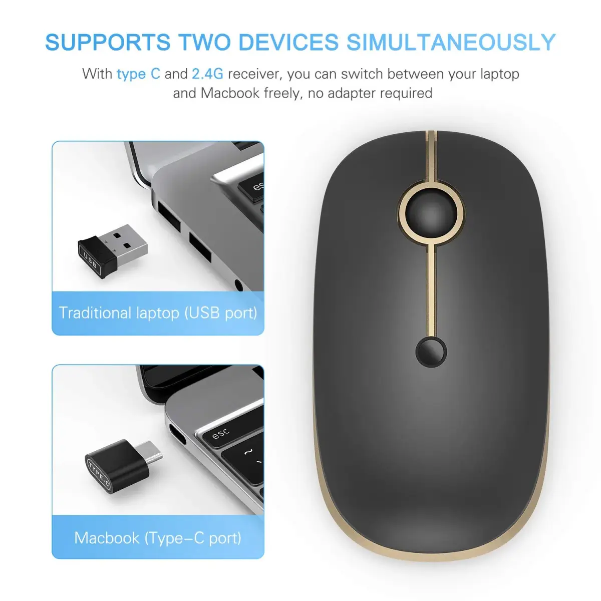 VssoPlor Type C Wireless Mouse Black Gold | Rechargeable USB C & USB Dual Mode Mouse for MacBook - view 6