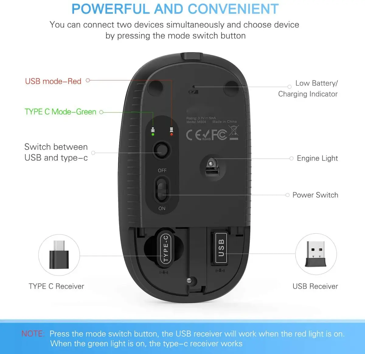 VssoPlor Type C Wireless Mouse Black Gold | Rechargeable USB C & USB Dual Mode Mouse for MacBook - view 7
