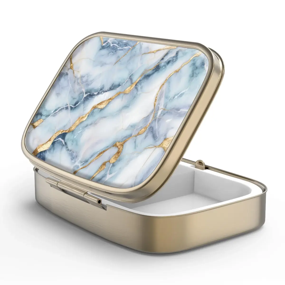 Hion White Blue Marble Retro Pill Case with Mirror & 2 Compartments | Portable Travel Pill Box for Purse or Pocket - main product image