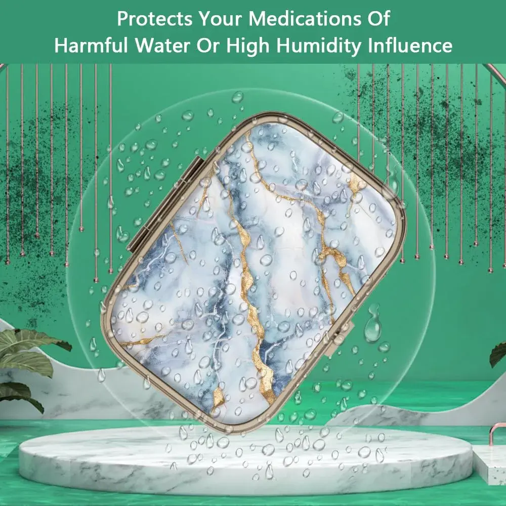 Hion White Blue Marble Retro Pill Case with Mirror & 2 Compartments | Portable Travel Pill Box for Purse or Pocket - view 2