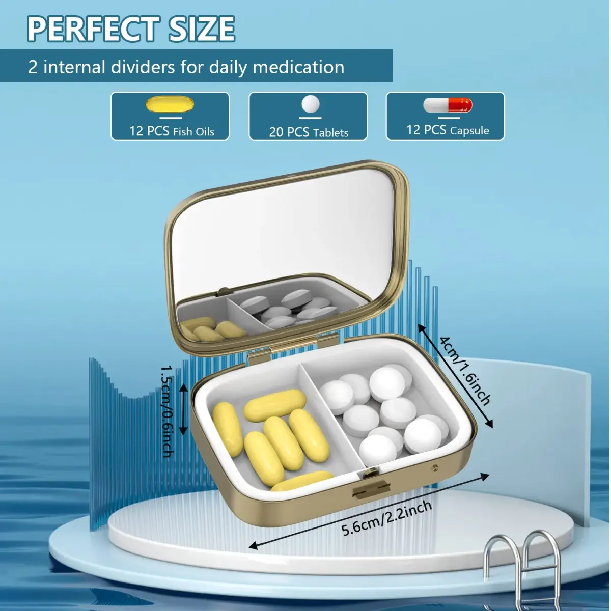 Hion White Blue Marble Retro Pill Case with Mirror & 2 Compartments | Portable Travel Pill Box for Purse or Pocket - view 3