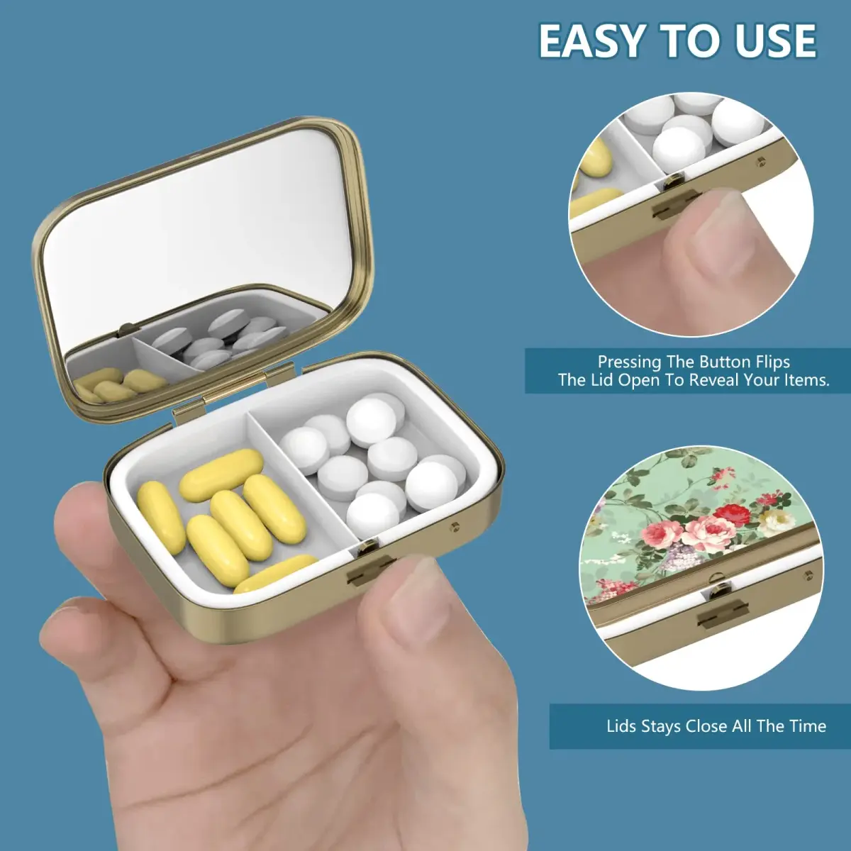 Hion White Blue Marble Retro Pill Case with Mirror & 2 Compartments | Portable Travel Pill Box for Purse or Pocket - view 4