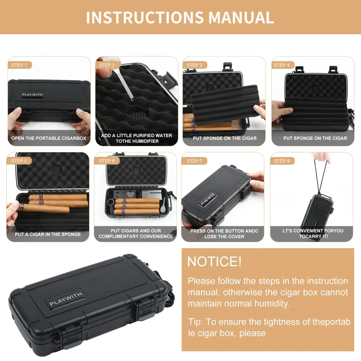 PLAYWITH Travel Humidor Box with Accessories - Black 23.5cm (9.4 inch) | Waterproof & Crushproof Cigar Case - view 7