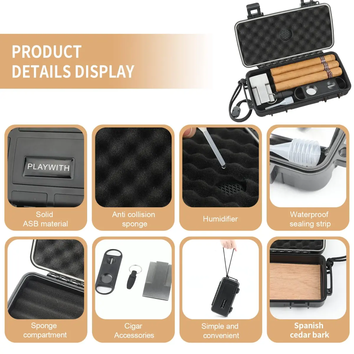 PLAYWITH Travel Humidor Box with Accessories - Black 23.5cm (9.4 inch) | Waterproof & Crushproof Cigar Case - view 3