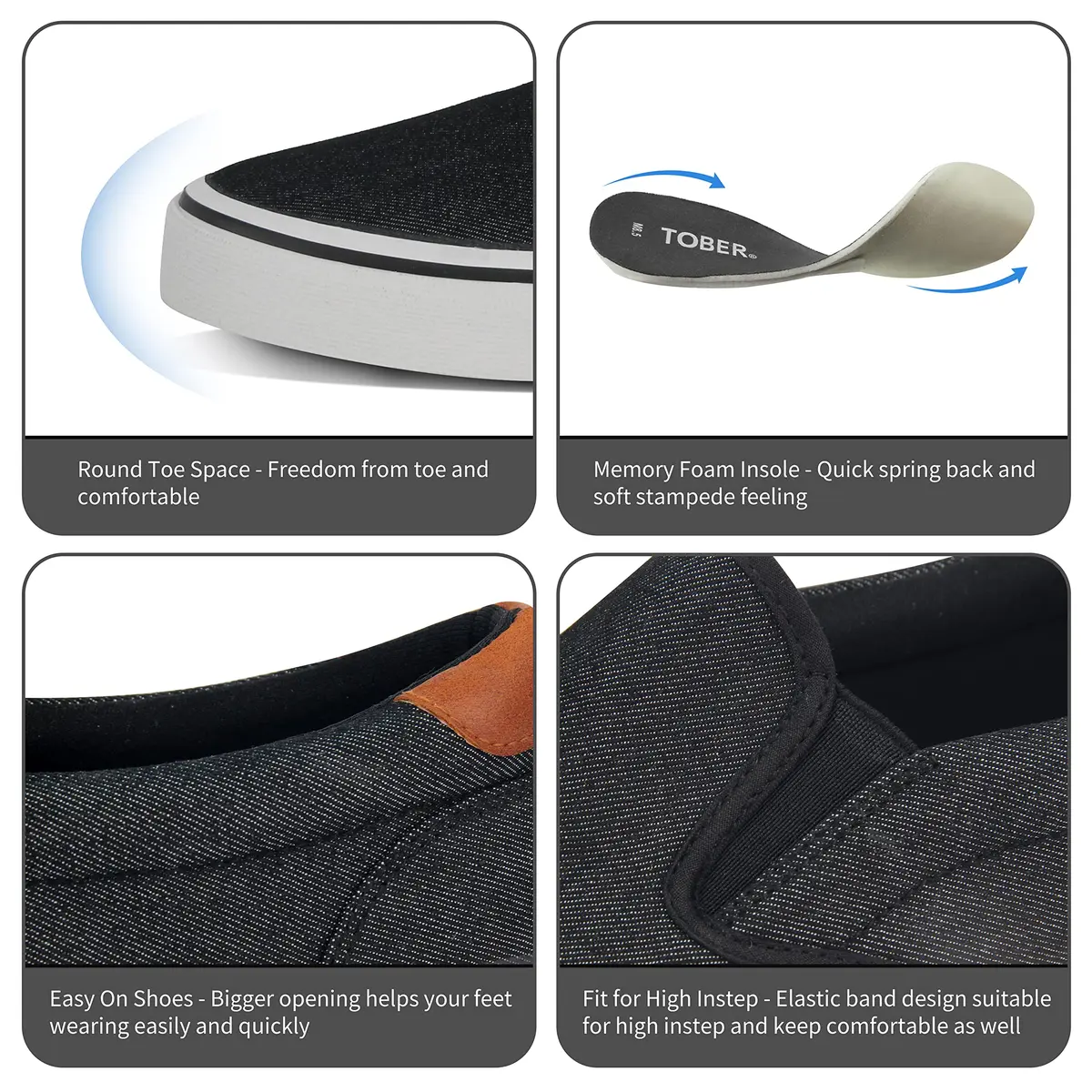 TOBER Men's Black Canvas Slip-On Shoes 25.4 cm (10 in) | Classic Laceless Walking Sneakers - view 6