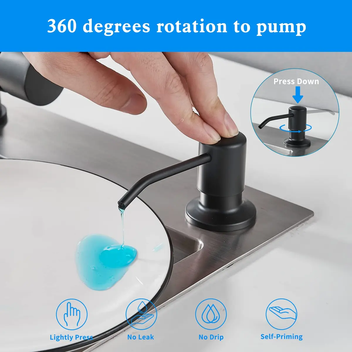 DOILIESE Matte Black Built-in Soap Dispenser for Kitchen Sink 500ml (17 Fl Oz) | Countertop Pump Head for Dish Soap & Hand Lotion - view 4