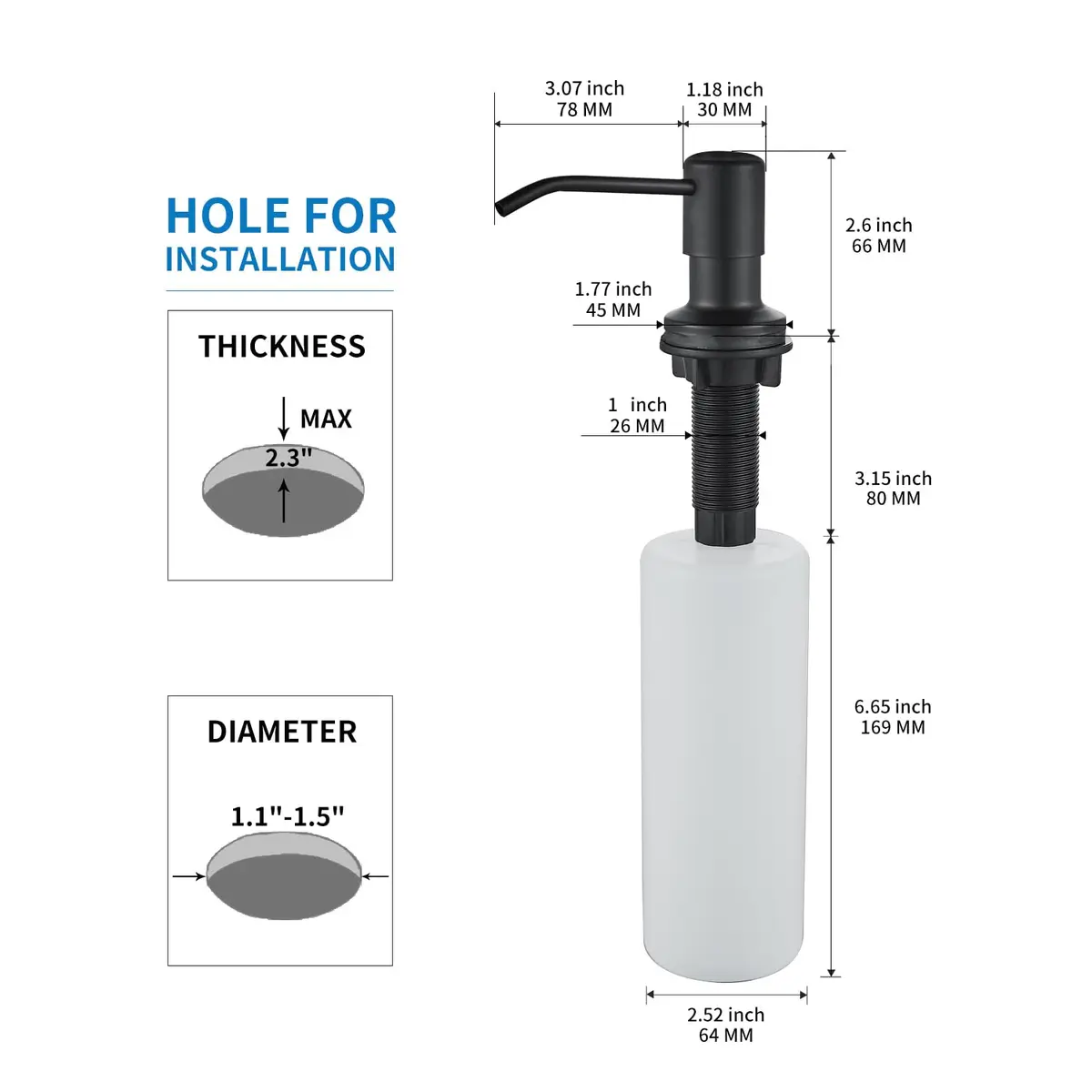 DOILIESE Matte Black Built-in Soap Dispenser for Kitchen Sink 500ml (17 Fl Oz) | Countertop Pump Head for Dish Soap & Hand Lotion - view 5