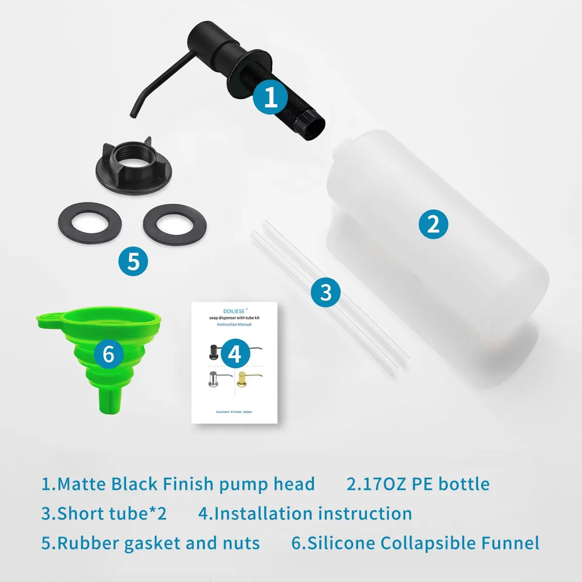 DOILIESE Matte Black Built-in Soap Dispenser for Kitchen Sink 500ml (17 Fl Oz) | Countertop Pump Head for Dish Soap & Hand Lotion - view 7