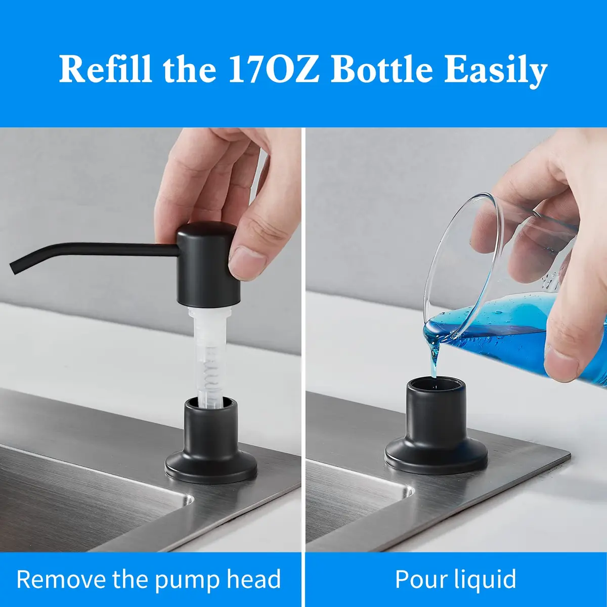 DOILIESE Matte Black Built-in Soap Dispenser for Kitchen Sink 500ml (17 Fl Oz) | Countertop Pump Head for Dish Soap & Hand Lotion - view 3