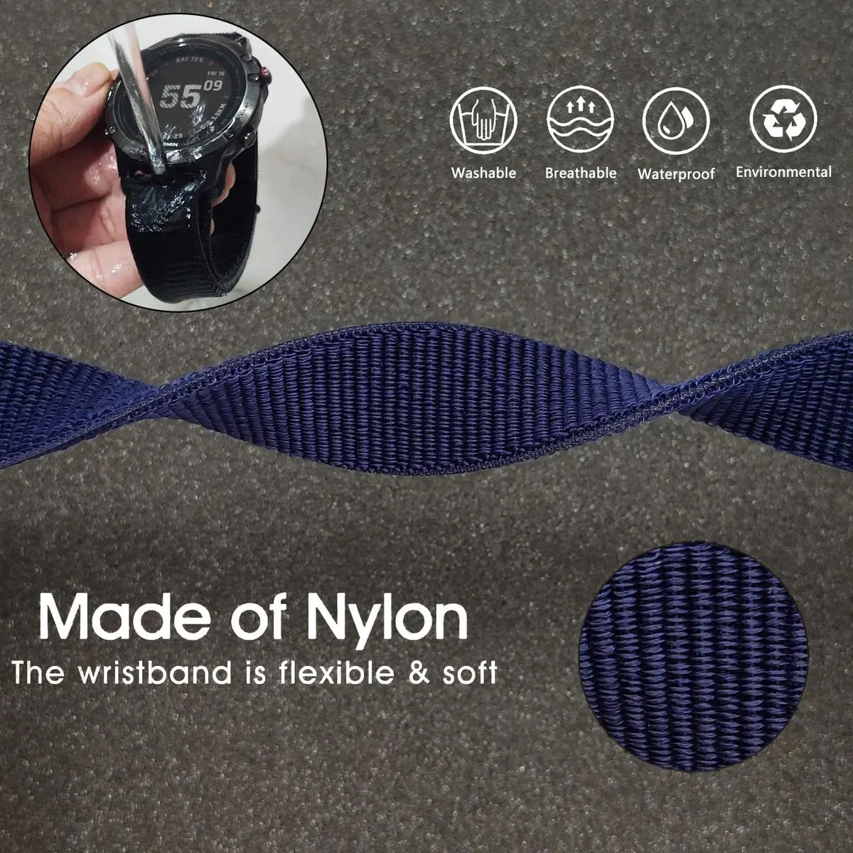 Abanen Woven Nylon Watch Band for Garmin Fenix 8/epix Pro/Fenix 7/6/5 47mm, 22mm Dark Blue Sport Wristband Strap for Instinct 3 45mm | Breathable & Washable - view 4