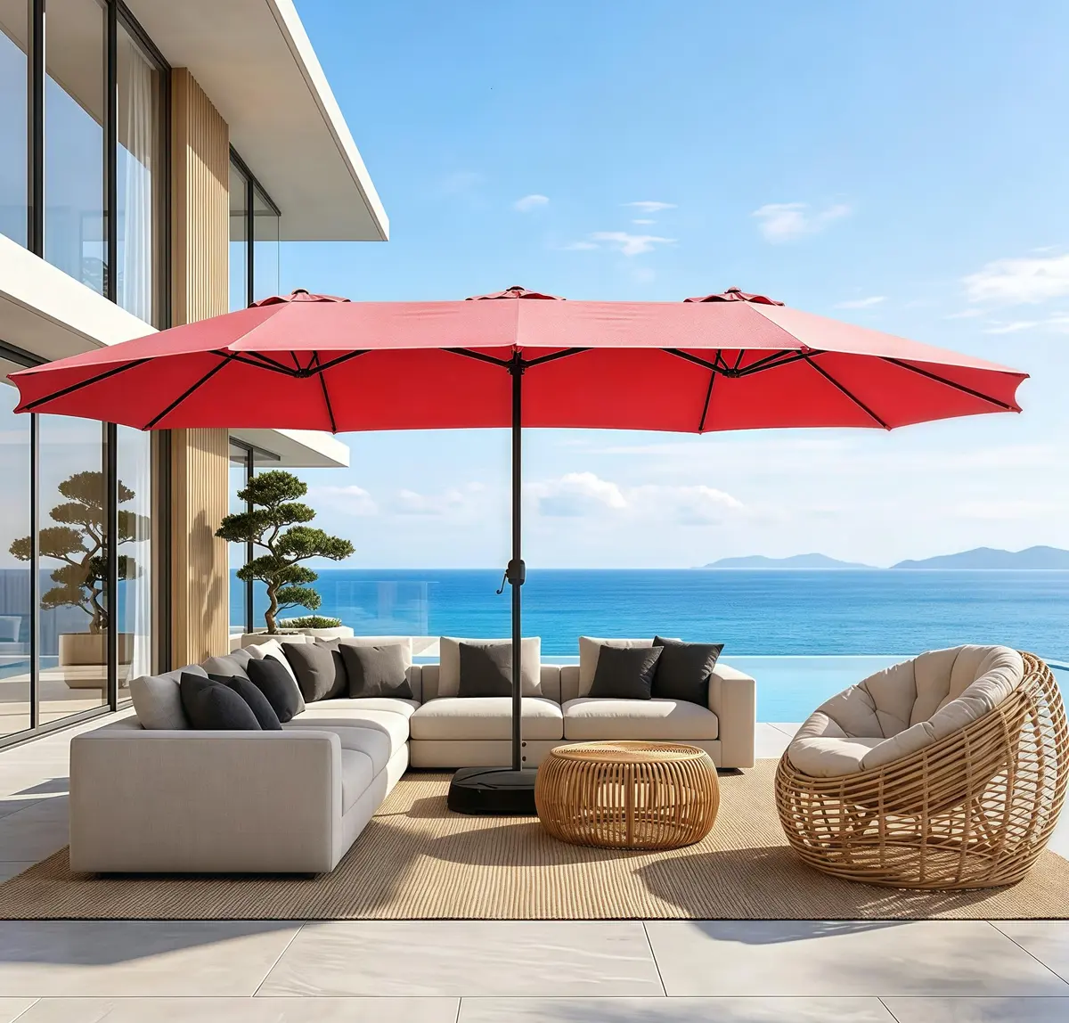 Bigroof 15ft Large Patio Umbrella with Base Included, Red | Extra Large 135 sq ft Shade, Durable Steel & Polyester, Crank Lift, Stable Support - main product image
