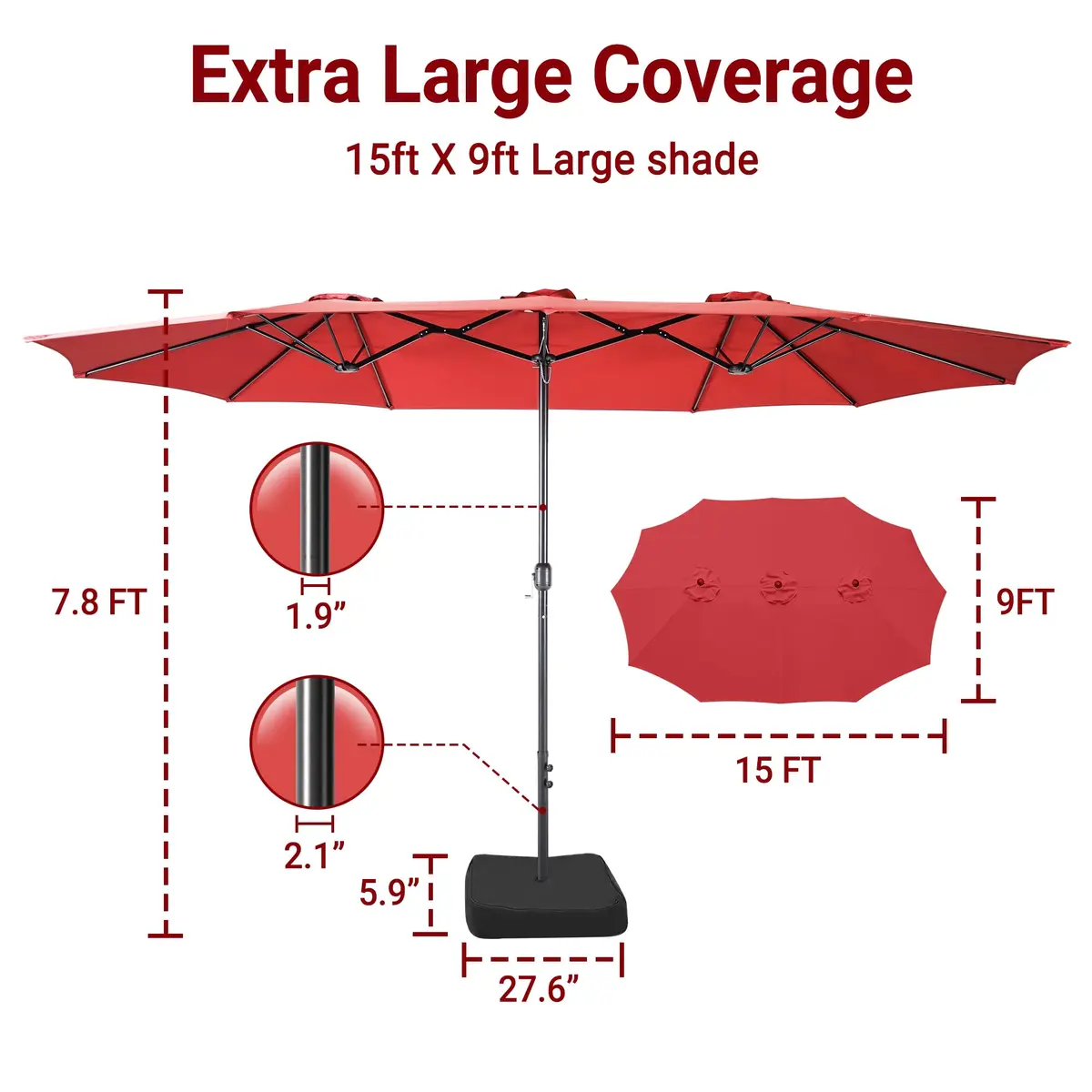 Bigroof 15ft Large Patio Umbrella with Base Included, Red | Extra Large 135 sq ft Shade, Durable Steel & Polyester, Crank Lift, Stable Support - view 5