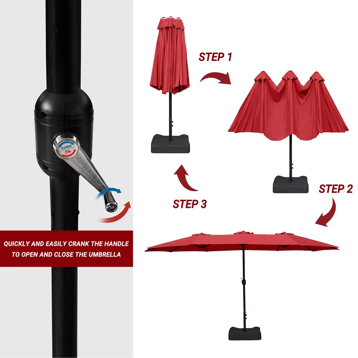 Bigroof 15ft Large Patio Umbrella with Base Included, Red | Extra Large 135 sq ft Shade, Durable Steel & Polyester, Crank Lift, Stable Support - view 6