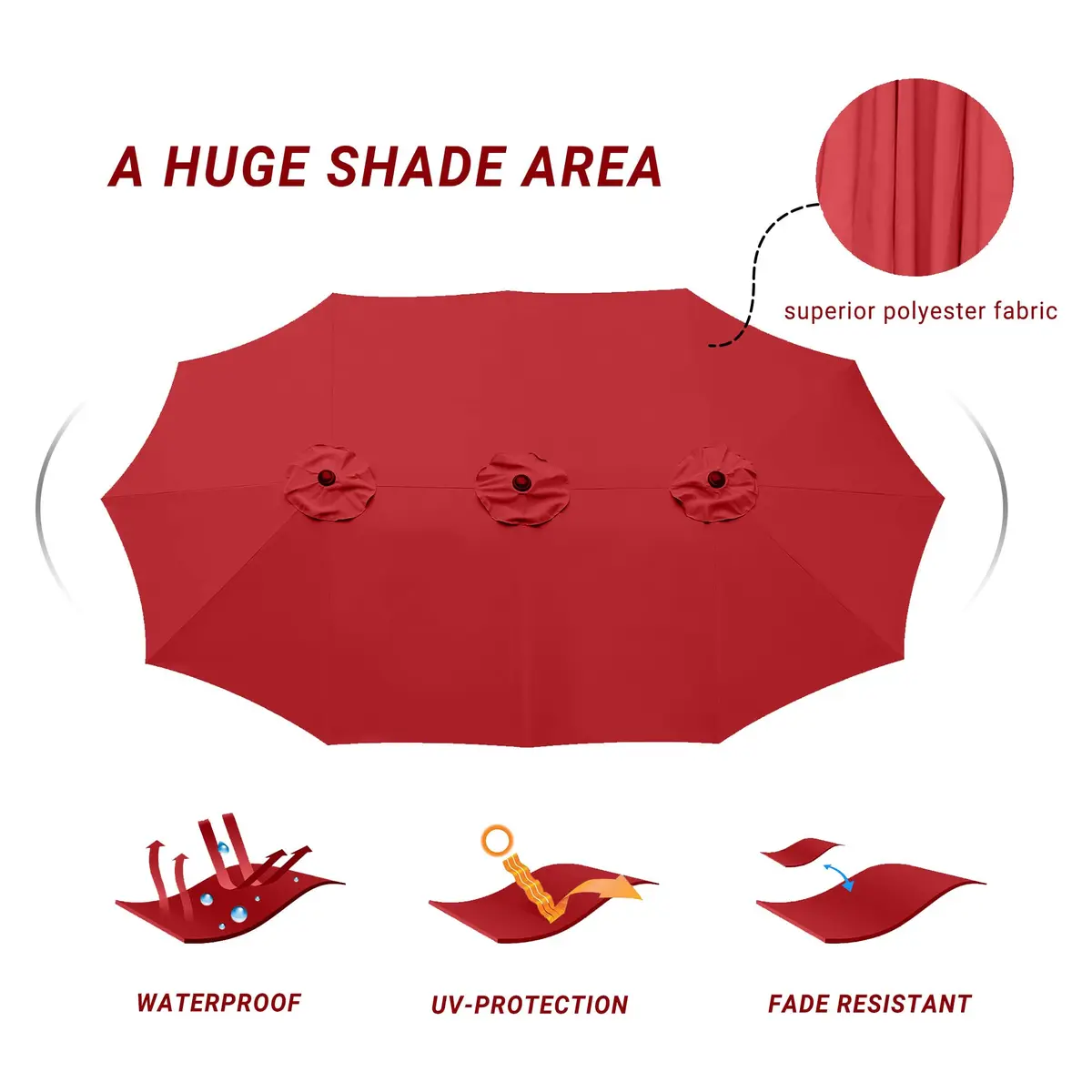 Bigroof 15ft Large Patio Umbrella with Base Included, Red | Extra Large 135 sq ft Shade, Durable Steel & Polyester, Crank Lift, Stable Support - view 7