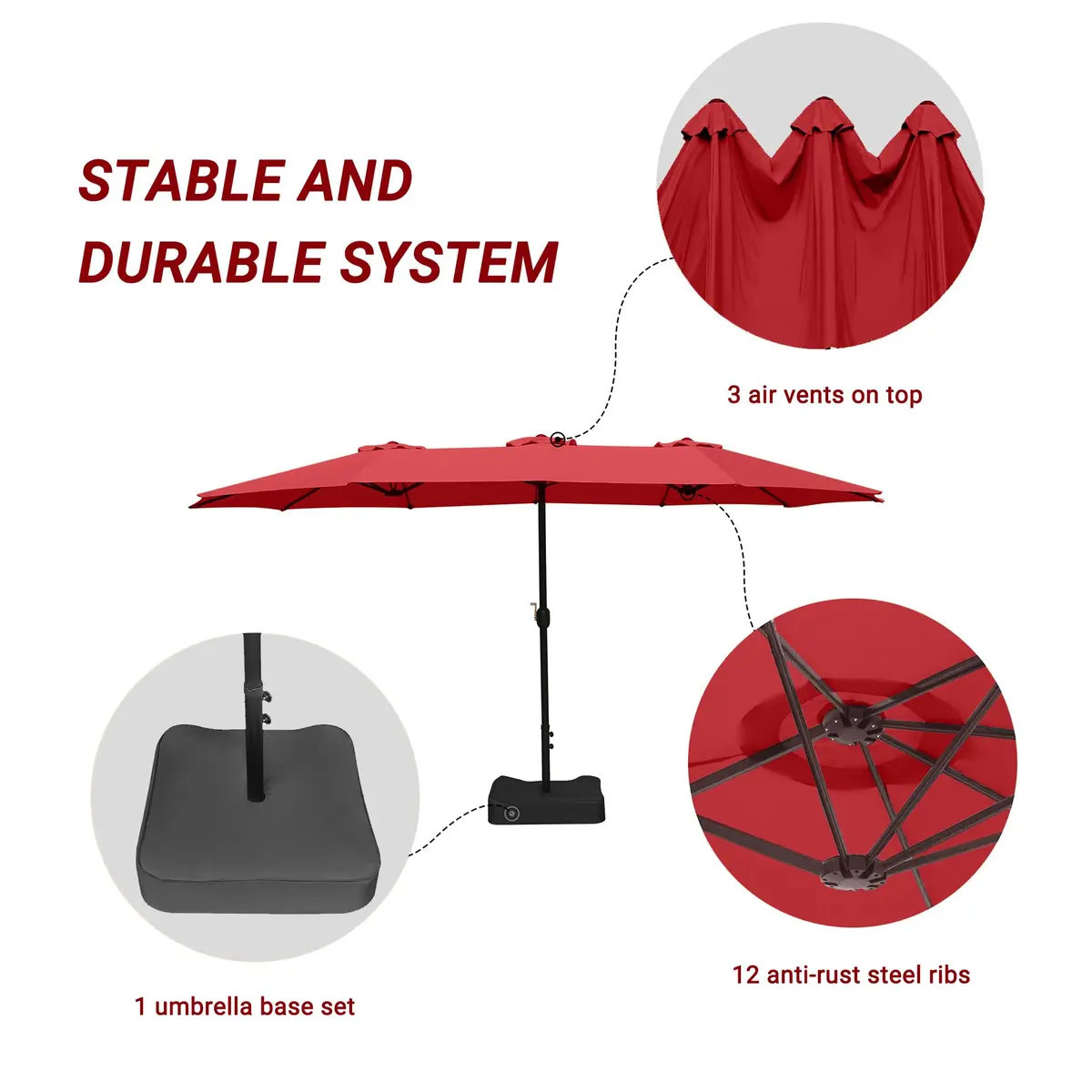 Bigroof 15ft Large Patio Umbrella with Base Included, Red | Extra Large 135 sq ft Shade, Durable Steel & Polyester, Crank Lift, Stable Support - view 8