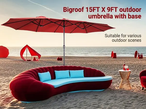Bigroof 15ft Large Patio Umbrella with Base Included, Red | Extra Large 135 sq ft Shade, Durable Steel & Polyester, Crank Lift, Stable Support - view 9