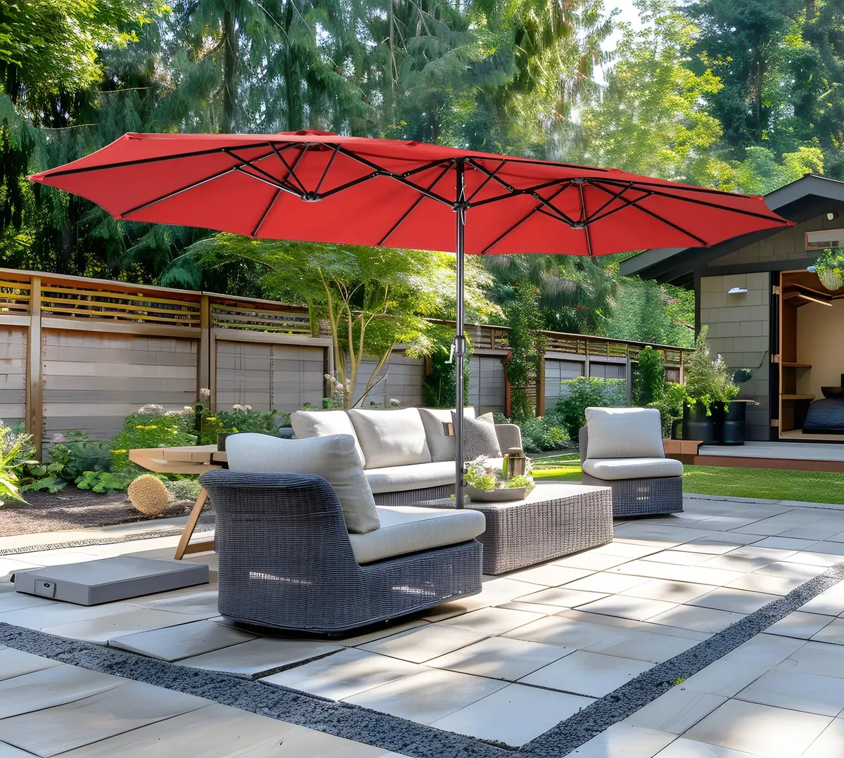 Bigroof 15ft Large Patio Umbrella with Base Included, Red | Extra Large 135 sq ft Shade, Durable Steel & Polyester, Crank Lift, Stable Support - view 2
