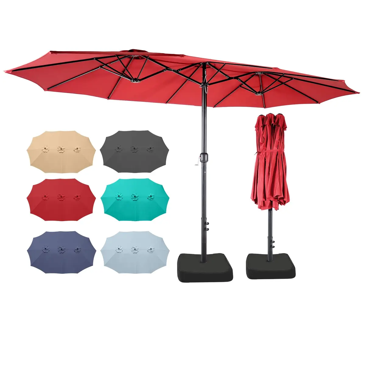 Bigroof 15ft Large Patio Umbrella with Base Included, Red | Extra Large 135 sq ft Shade, Durable Steel & Polyester, Crank Lift, Stable Support - view 3