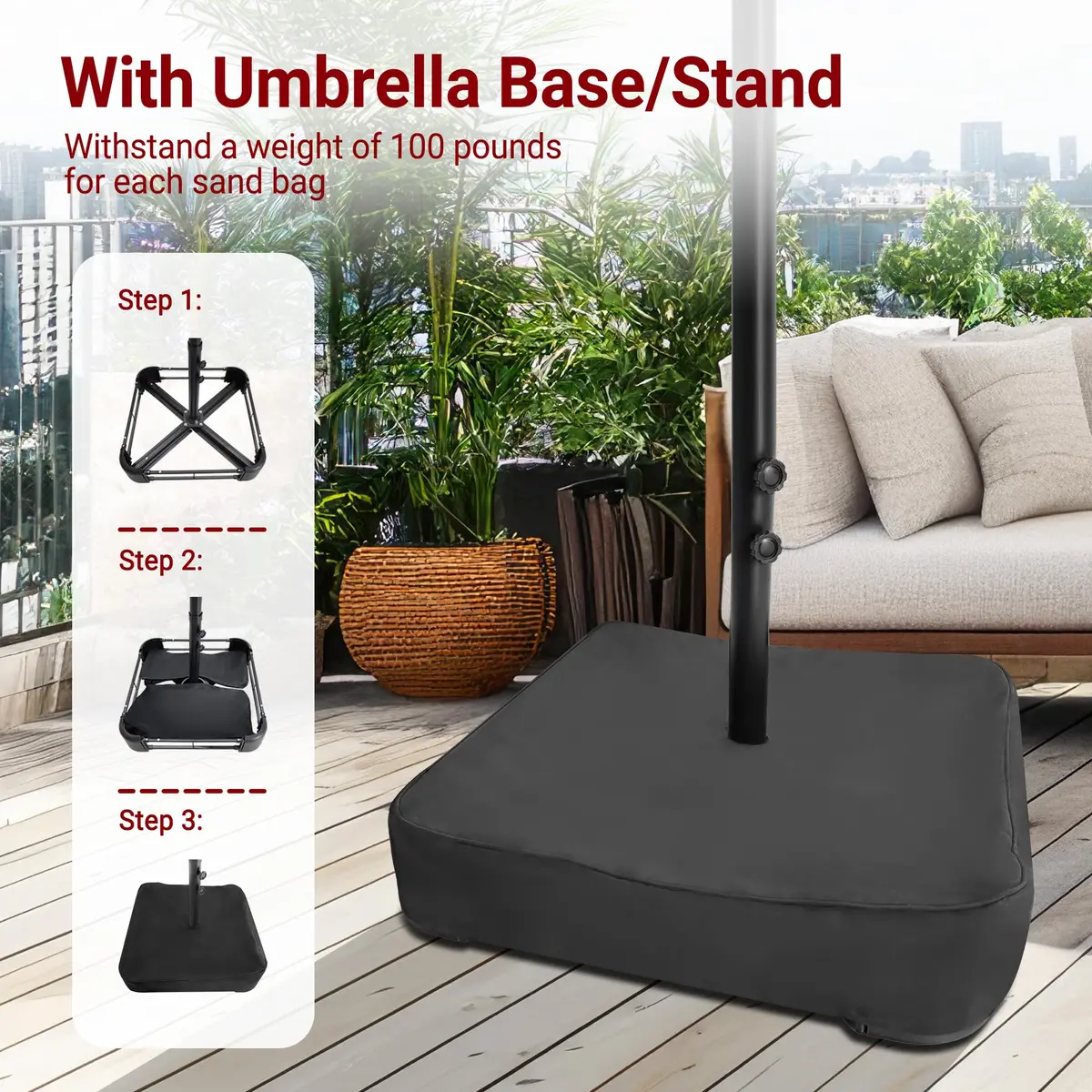 Bigroof 15ft Large Patio Umbrella with Base Included, Red | Extra Large 135 sq ft Shade, Durable Steel & Polyester, Crank Lift, Stable Support - view 4