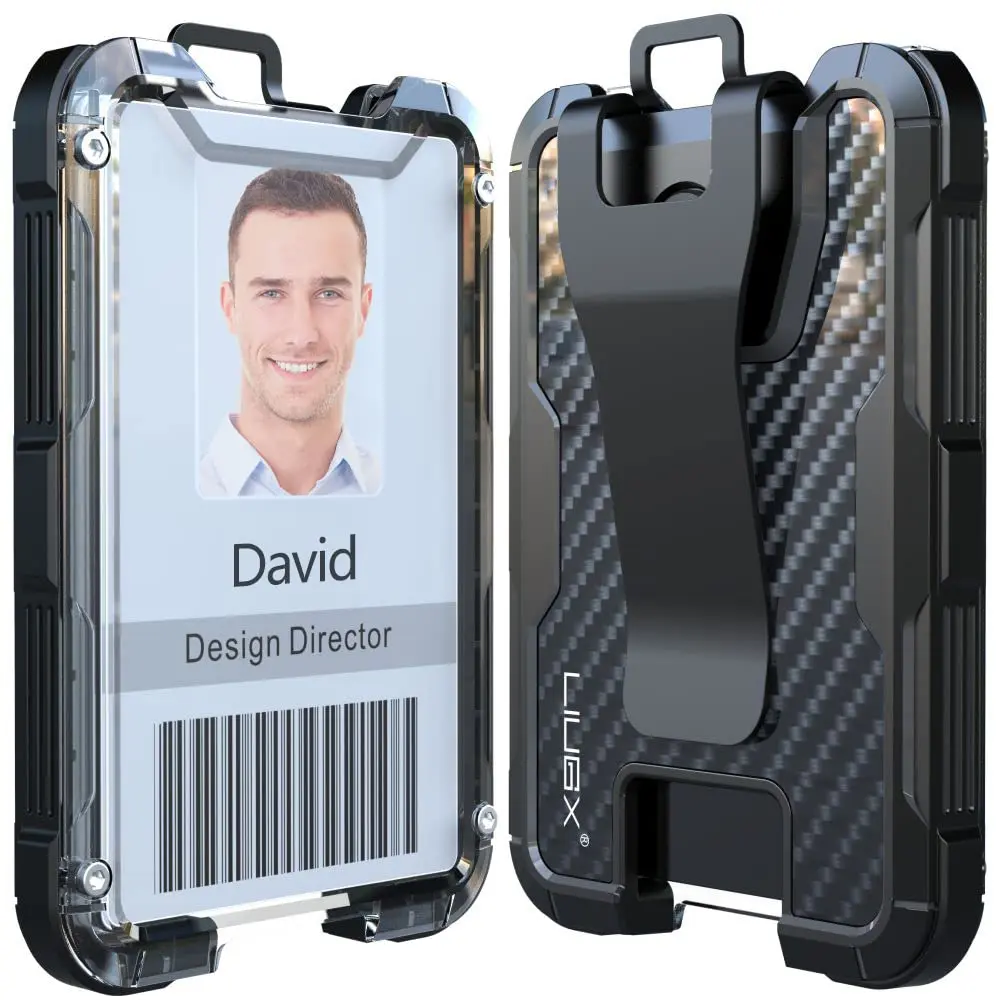 LIUGX Carbon Fiber Badge Holder with Metal Clip, 4 Cards | Durable Office ID Wallet - main product image