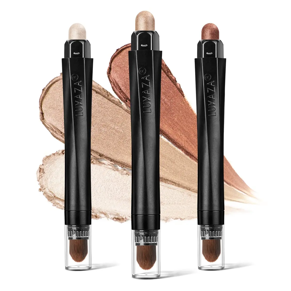 LUXAZA 3 Pcs Cream Eyeshadow Stick Set with Smudge Brush, Champagne Brown Nude | Blendable Long-Wear Eye Makeup - main product image