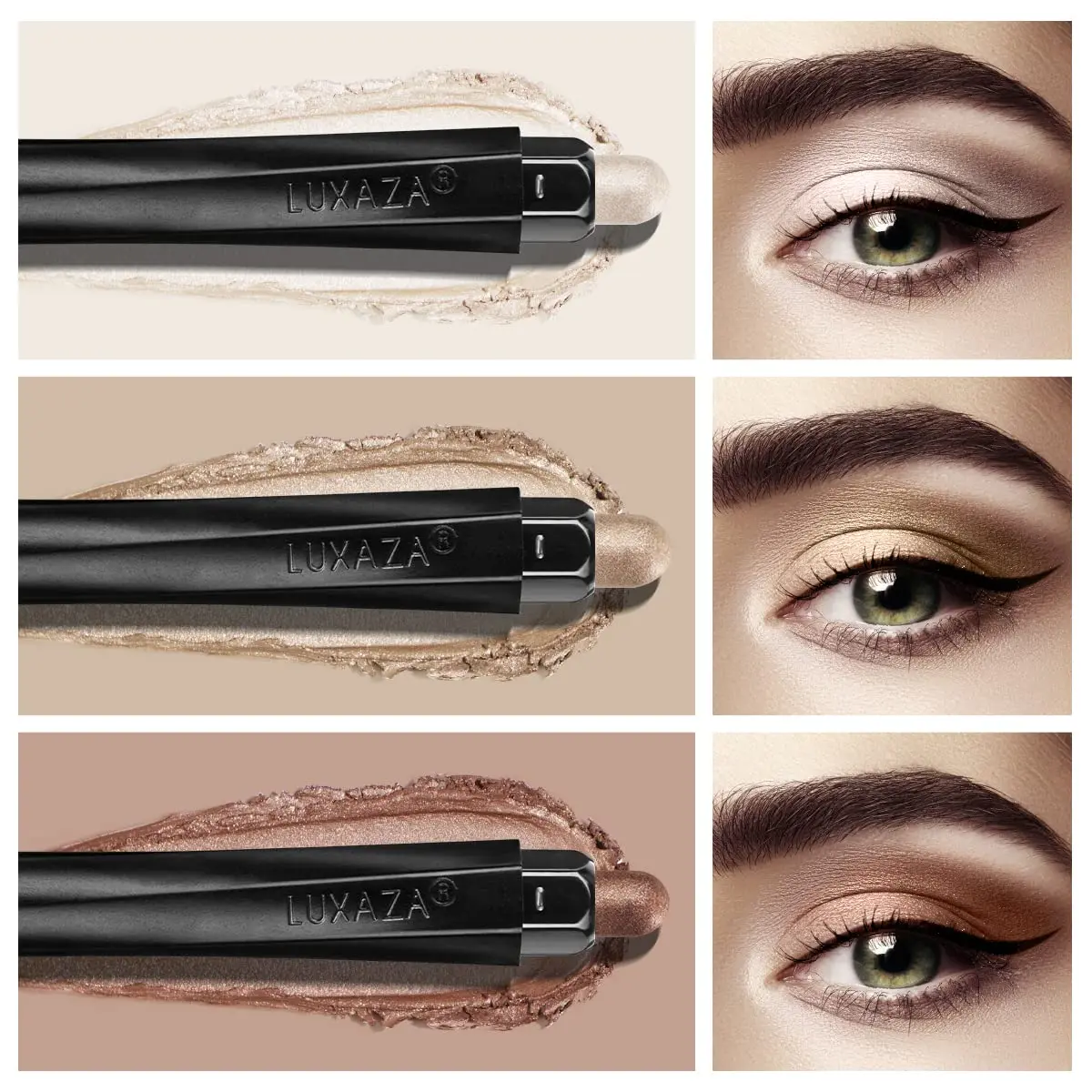 LUXAZA 3 Pcs Cream Eyeshadow Stick Set with Smudge Brush, Champagne Brown Nude | Blendable Long-Wear Eye Makeup - view 2