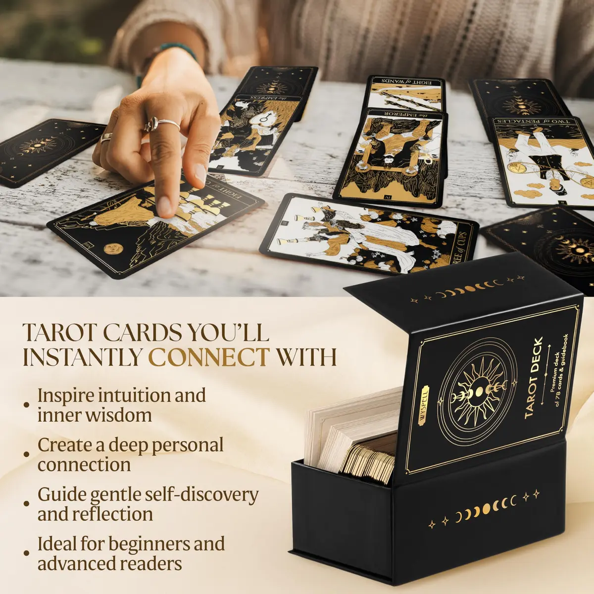 Wyspell Gold Tarot Cards with Guide Book - Unique Tarot Deck for Beginners | Elegant Gold Foil Artwork, Classic Symbolism, 350 GSM Cardstock, Gift-Ready - view 7