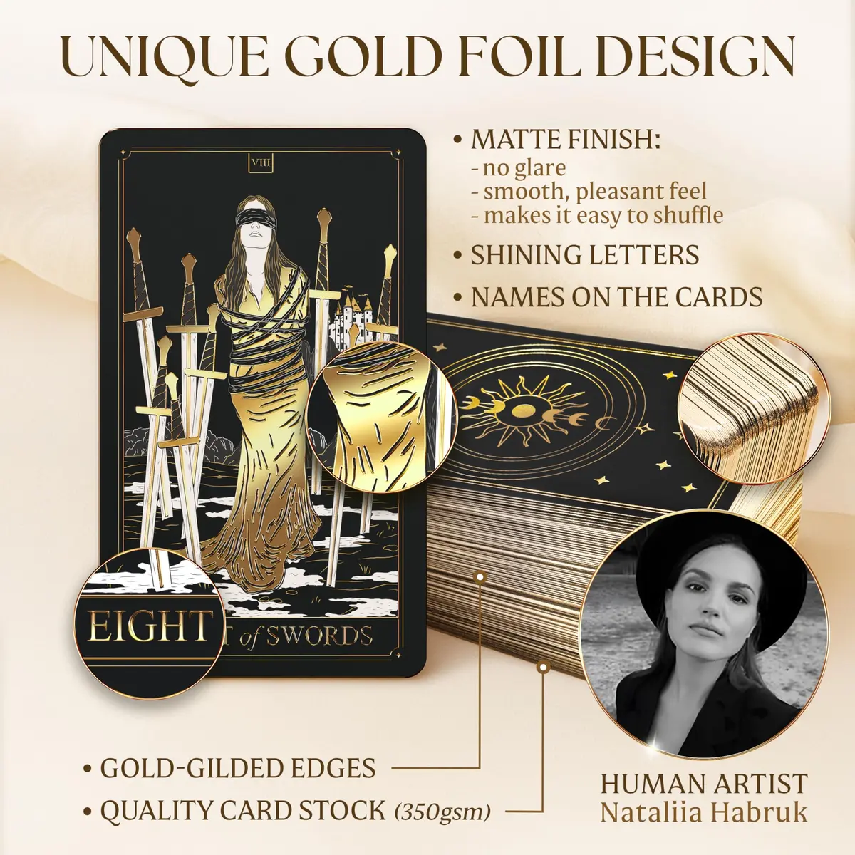 Wyspell Gold Tarot Cards with Guide Book - Unique Tarot Deck for Beginners | Elegant Gold Foil Artwork, Classic Symbolism, 350 GSM Cardstock, Gift-Ready - view 2
