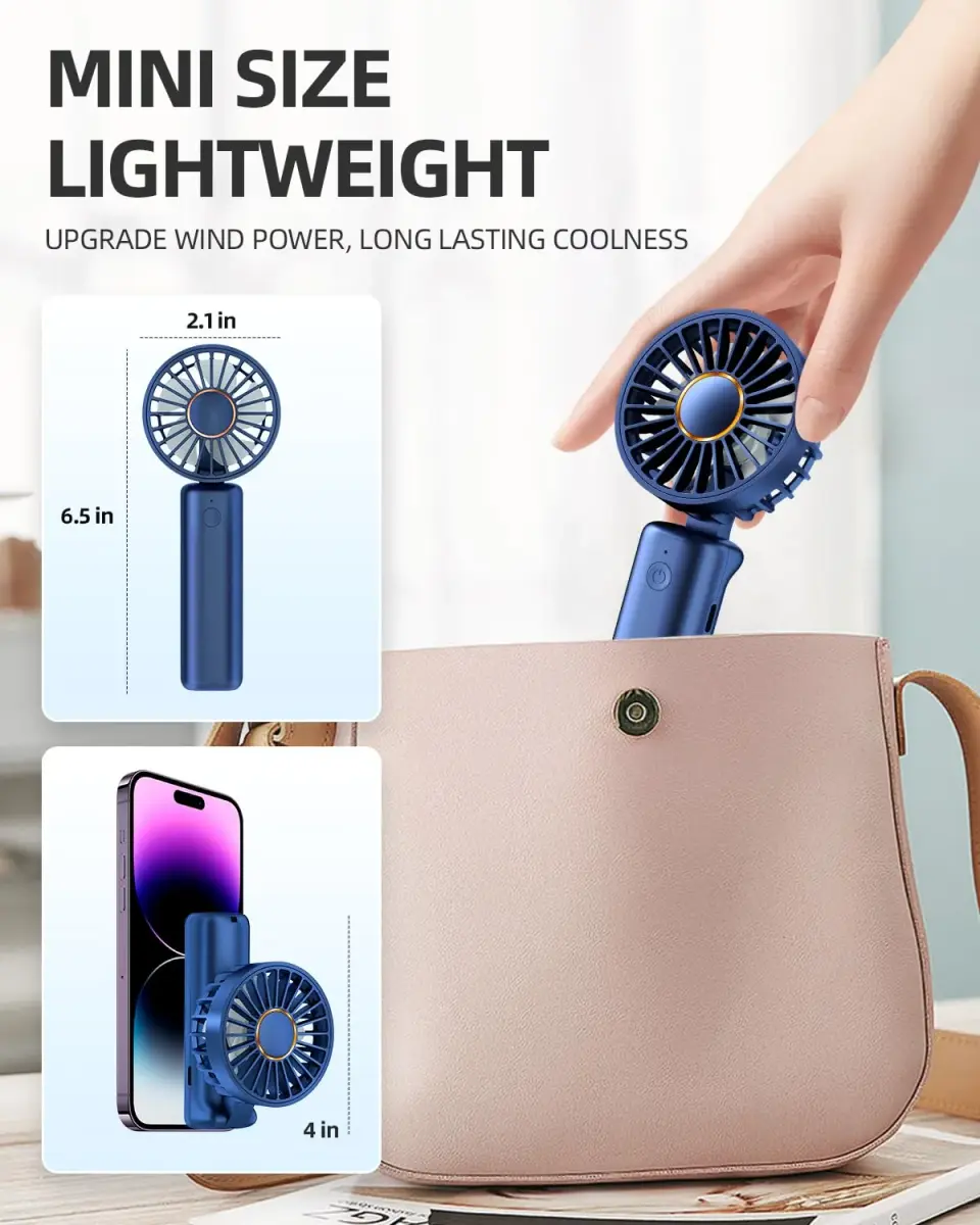 FrSara Portable Handheld Fan Rechargeable Blue | 3-Speed Mini Folding Desk Fan with 4000mAh Battery - view 5