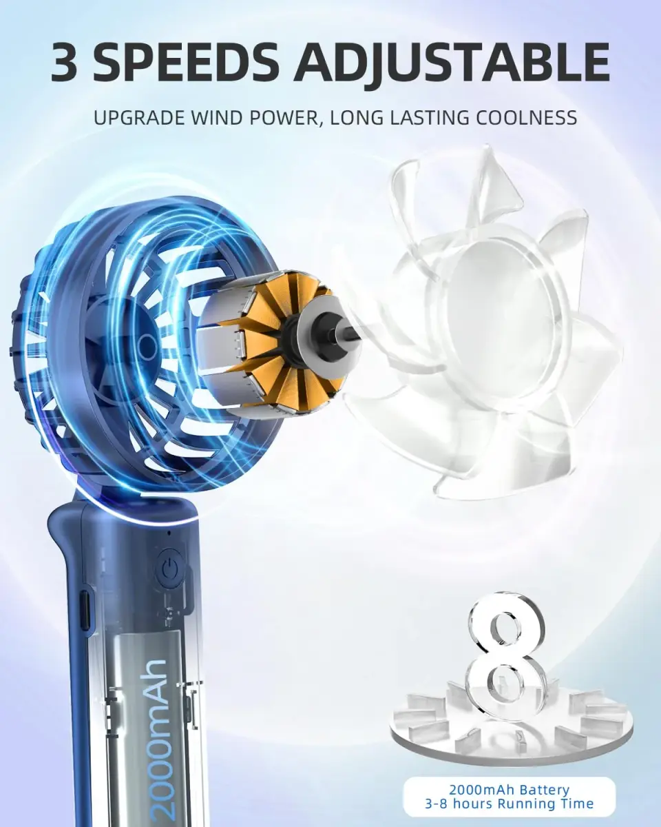 FrSara Portable Handheld Fan Rechargeable Blue | 3-Speed Mini Folding Desk Fan with 4000mAh Battery - view 2