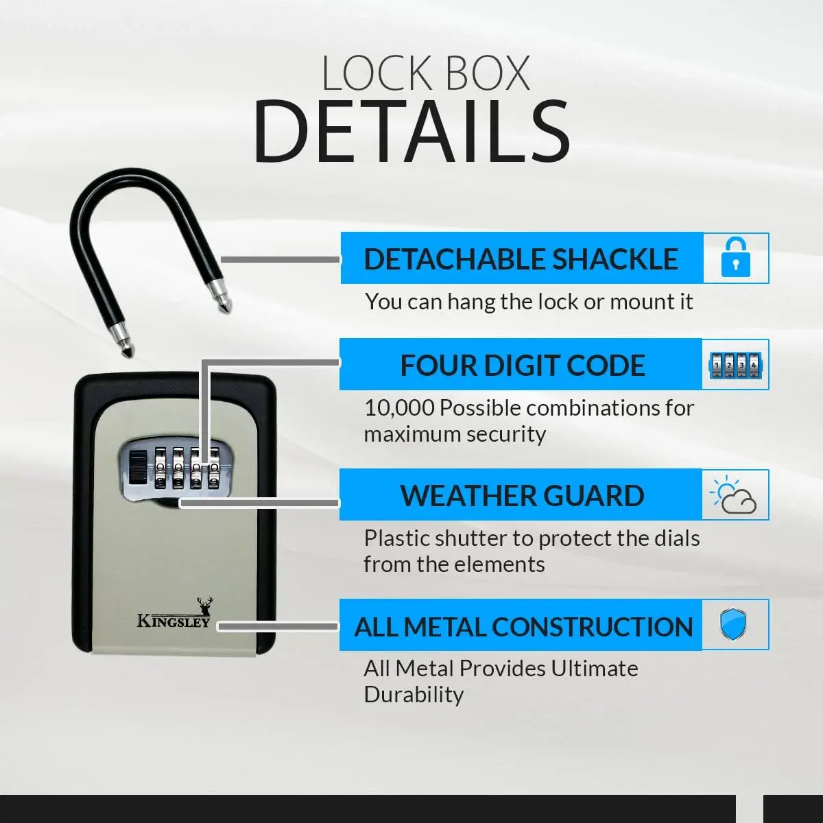 Kingsley Extra Large Capacity Key Storage Box QCH-812 | 156g (5.5oz) Metal & Steel, 10,000 Combinations, Wall Mounted or Hanging - view 2
