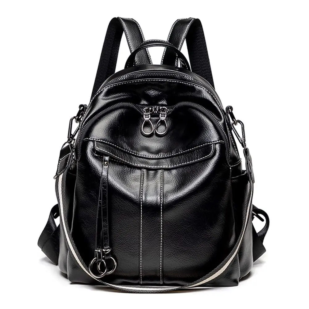Mn&Sue Medium Black Leather Backpack Purse for Women | Fashion Shoulder Bag Rucksack 28cm (11" x 5.5" x 11.8") - main product image
