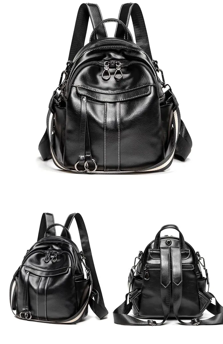 Mn&Sue Medium Black Leather Backpack Purse for Women | Fashion Shoulder Bag Rucksack 28cm (11" x 5.5" x 11.8") - view 3