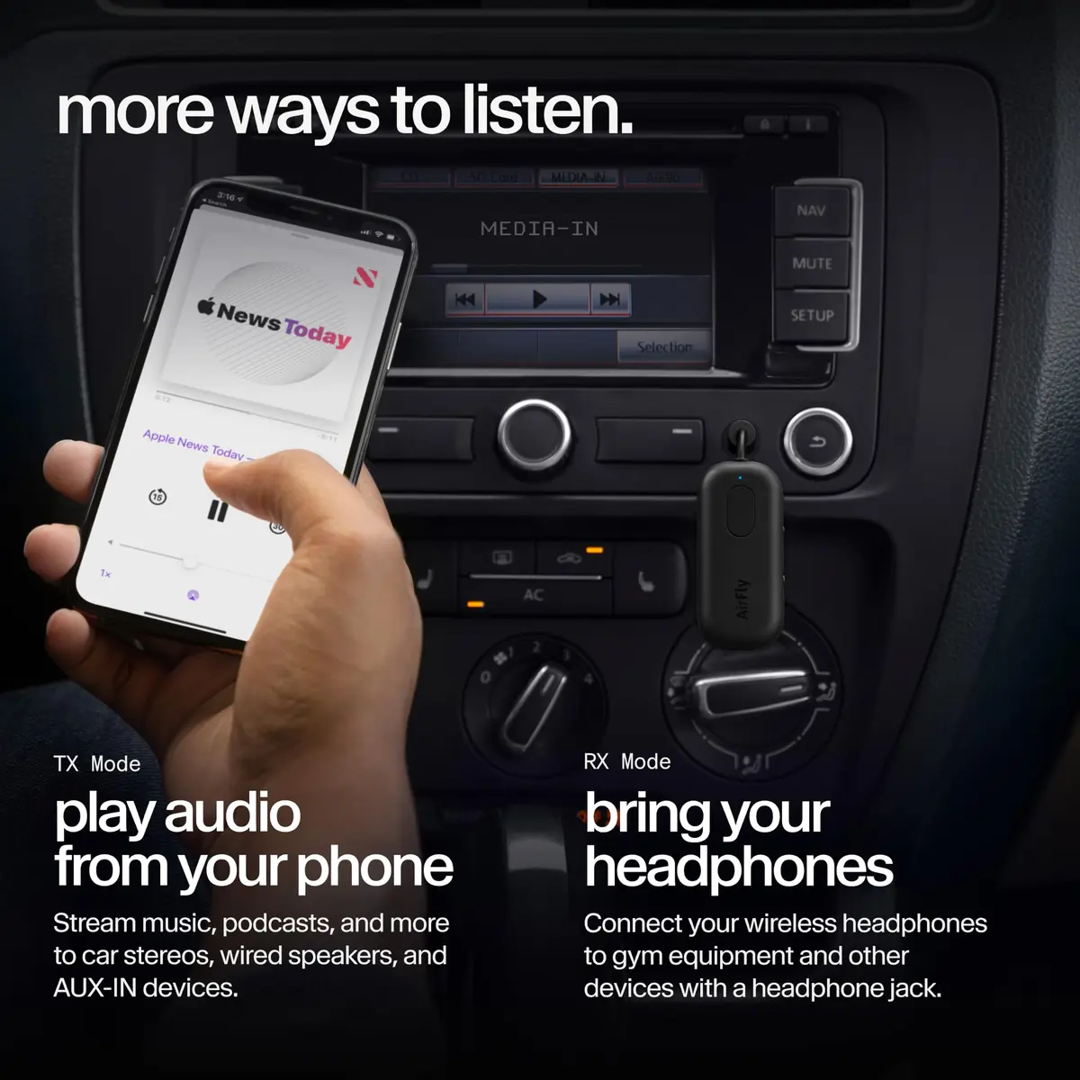 Twelve South AirFly Pro Bluetooth Wireless Audio Transmitter Black | Long-Range, 25+ Hr Battery, Industry-Leading Bluetooth (70-120c) - view 6