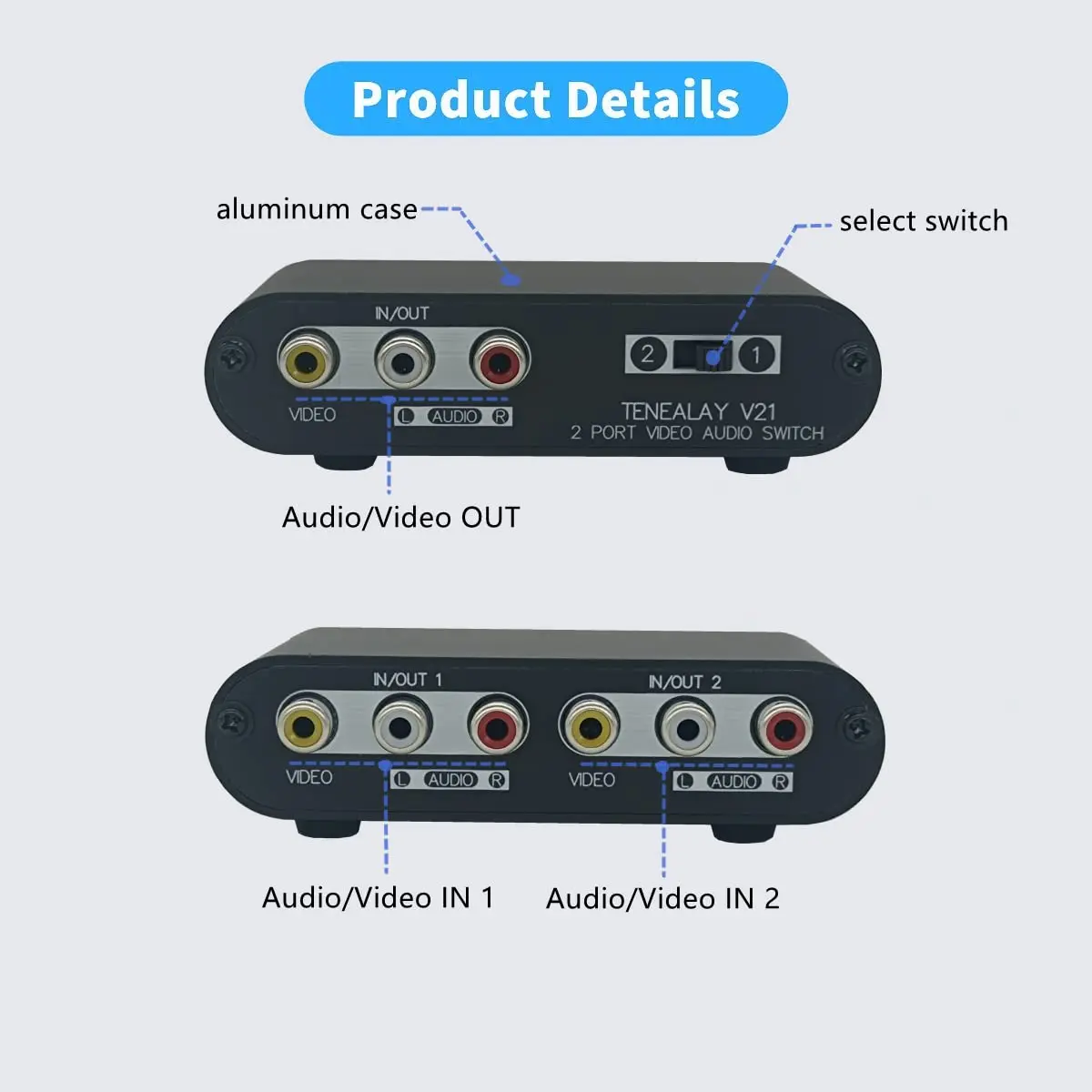 TENEALAY 2-Way AV Switch RCA Switcher 2 in 1 Out | Composite Video & Stereo Audio Selector Box - view 5