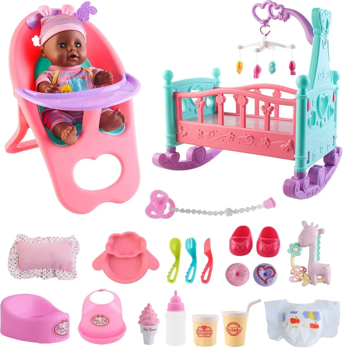 deAO Baby Doll Play Set with Crib, High Chair & Accessories, Black | 21-Piece Pretend Play Toy for Ages 3+ - main product image