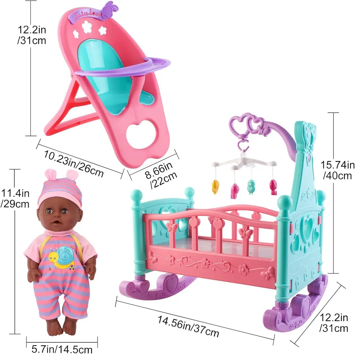 deAO Baby Doll Play Set with Crib, High Chair & Accessories, Black | 21-Piece Pretend Play Toy for Ages 3+ - view 5