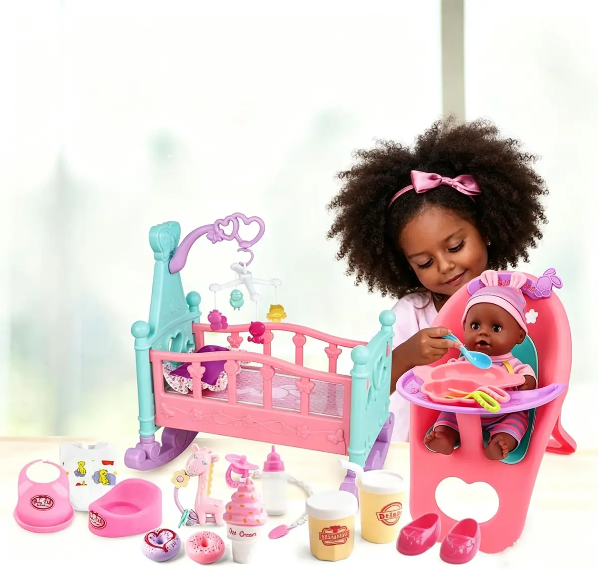 deAO Baby Doll Play Set with Crib, High Chair & Accessories, Black | 21-Piece Pretend Play Toy for Ages 3+ - view 6