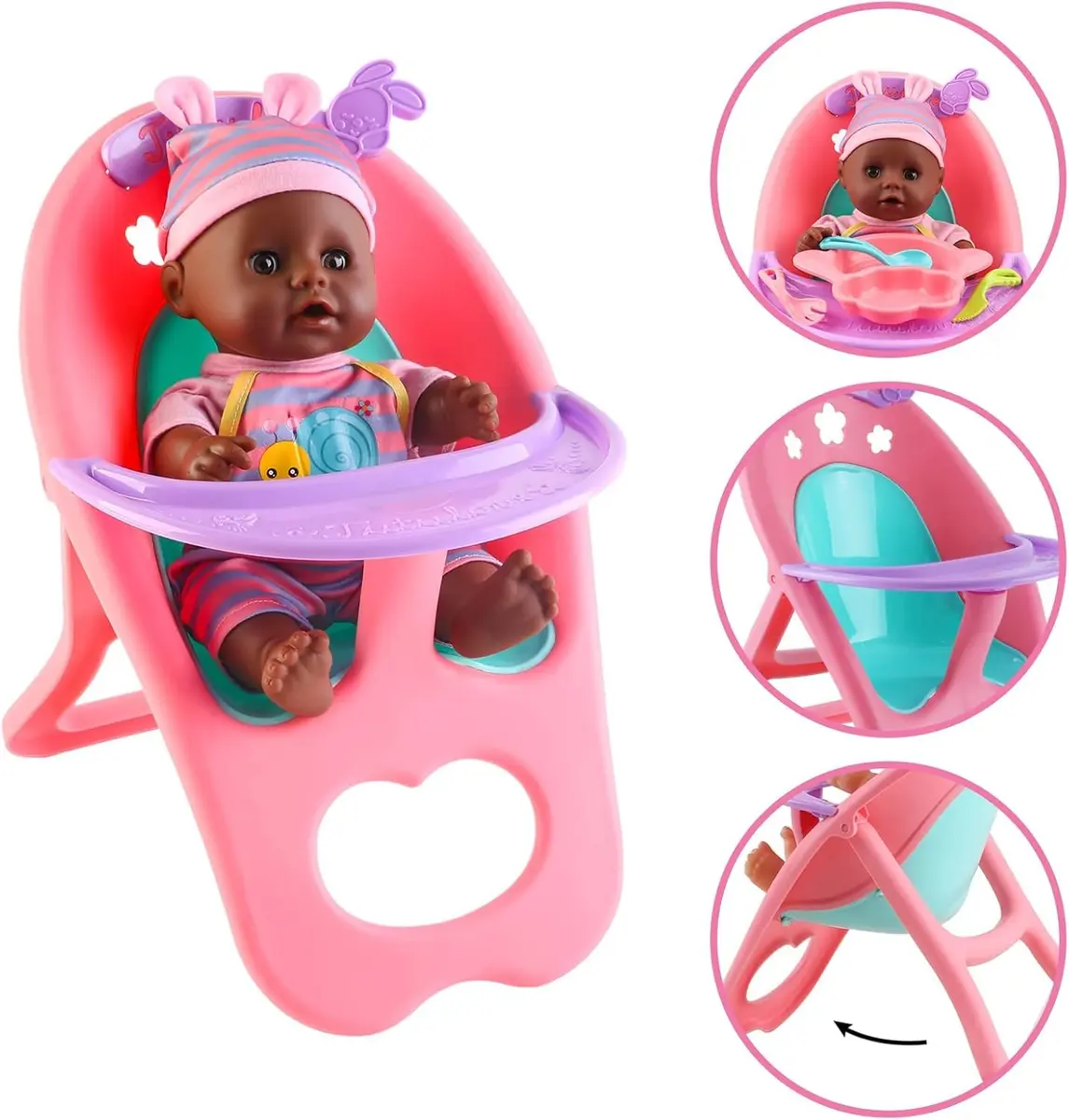 deAO Baby Doll Play Set with Crib, High Chair & Accessories, Black | 21-Piece Pretend Play Toy for Ages 3+ - view 8