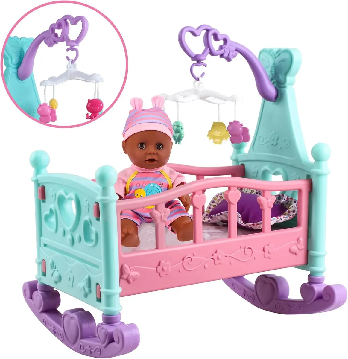 deAO Baby Doll Play Set with Crib, High Chair & Accessories, Black | 21-Piece Pretend Play Toy for Ages 3+ - view 2