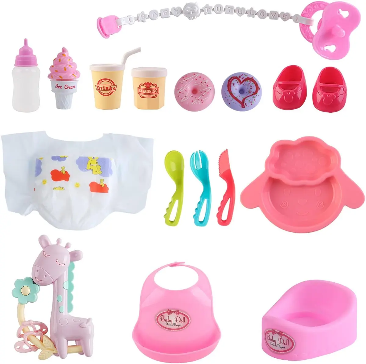 deAO Baby Doll Play Set with Crib, High Chair & Accessories, Black | 21-Piece Pretend Play Toy for Ages 3+ - view 4