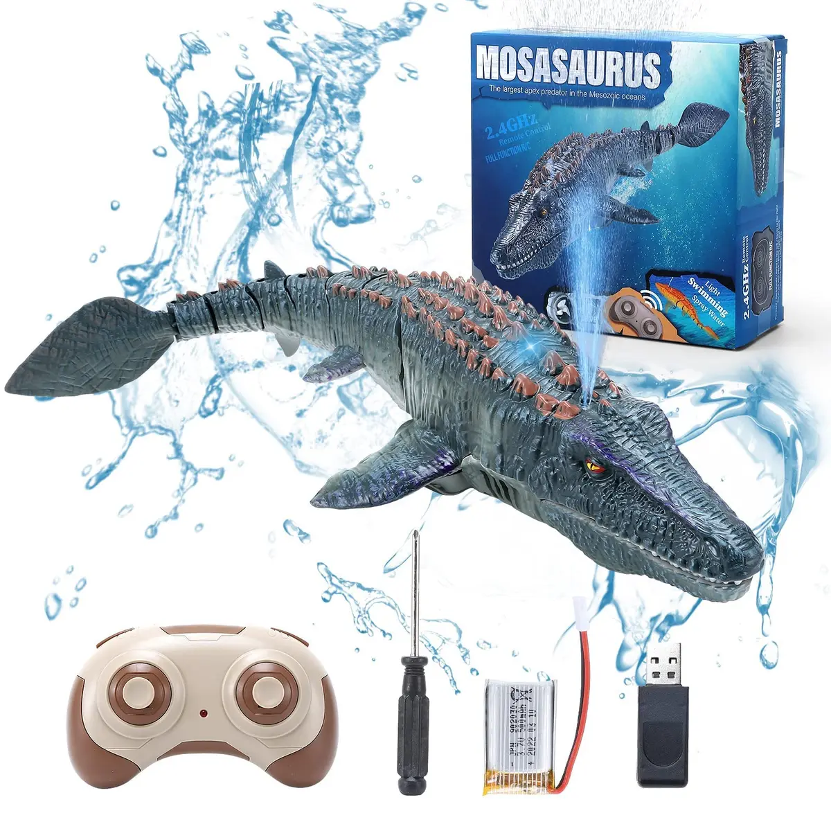 fromeasy RC Dinosaur Toys for Kids 3-7 | Mosasaurus Diving RC Boat with Light & Spray Water - main product image