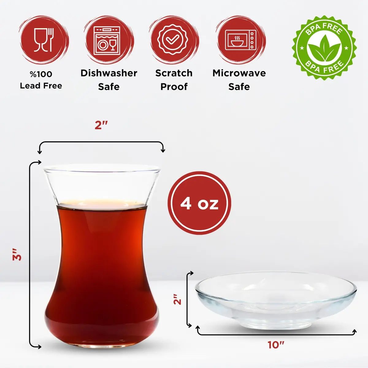 ums Turkish Tea Glass Set - 6 Glasses & Saucers | Elegant Tulip Shape for Hot Drinks - view 2