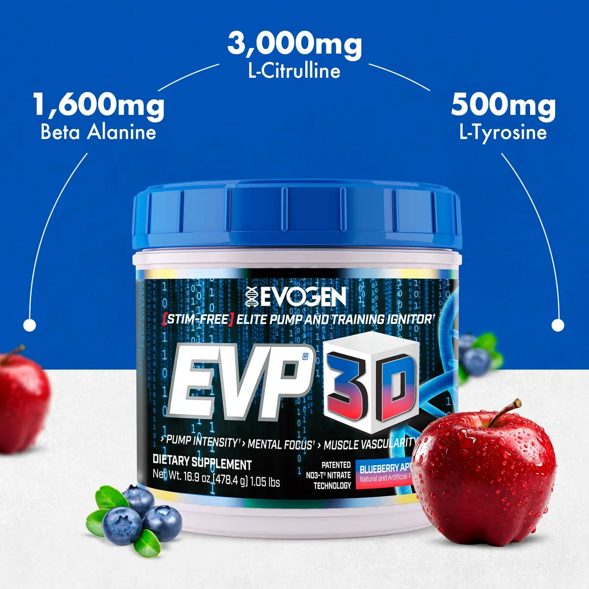 Evogen EVP 3D Stim-Free Pre-Workout Powder | Blueberry Apple | 40 Servings - view 5