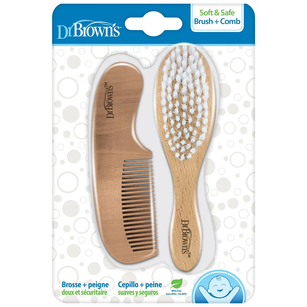 Dr. Brown's Soft and Safe Baby Brush + Comb Set | Natural Wood, Gentle Bristles for All Hair Types - main product image