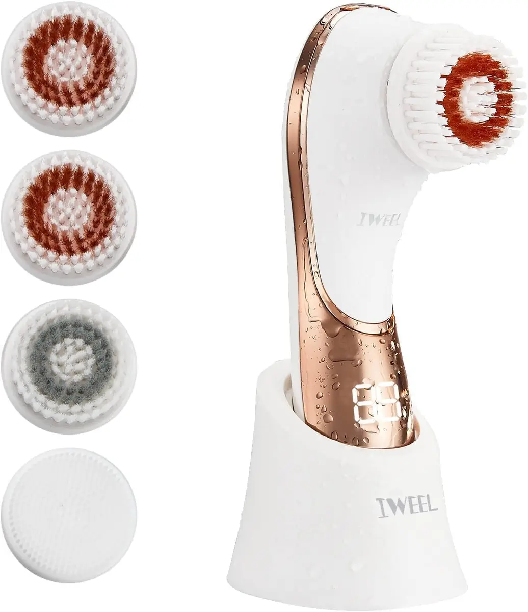IWEEL Electric Facial Cleansing Brush with 4 Brush Heads - White & Rose Gold | Deep Pore Cleansing & Exfoliation System - main product image