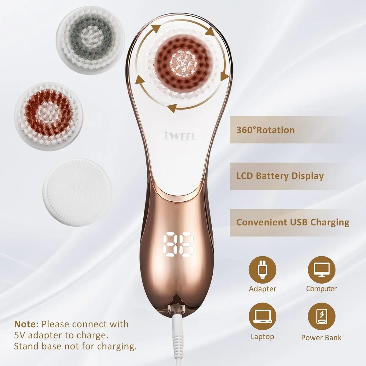 IWEEL Electric Facial Cleansing Brush with 4 Brush Heads - White & Rose Gold | Deep Pore Cleansing & Exfoliation System - view 5