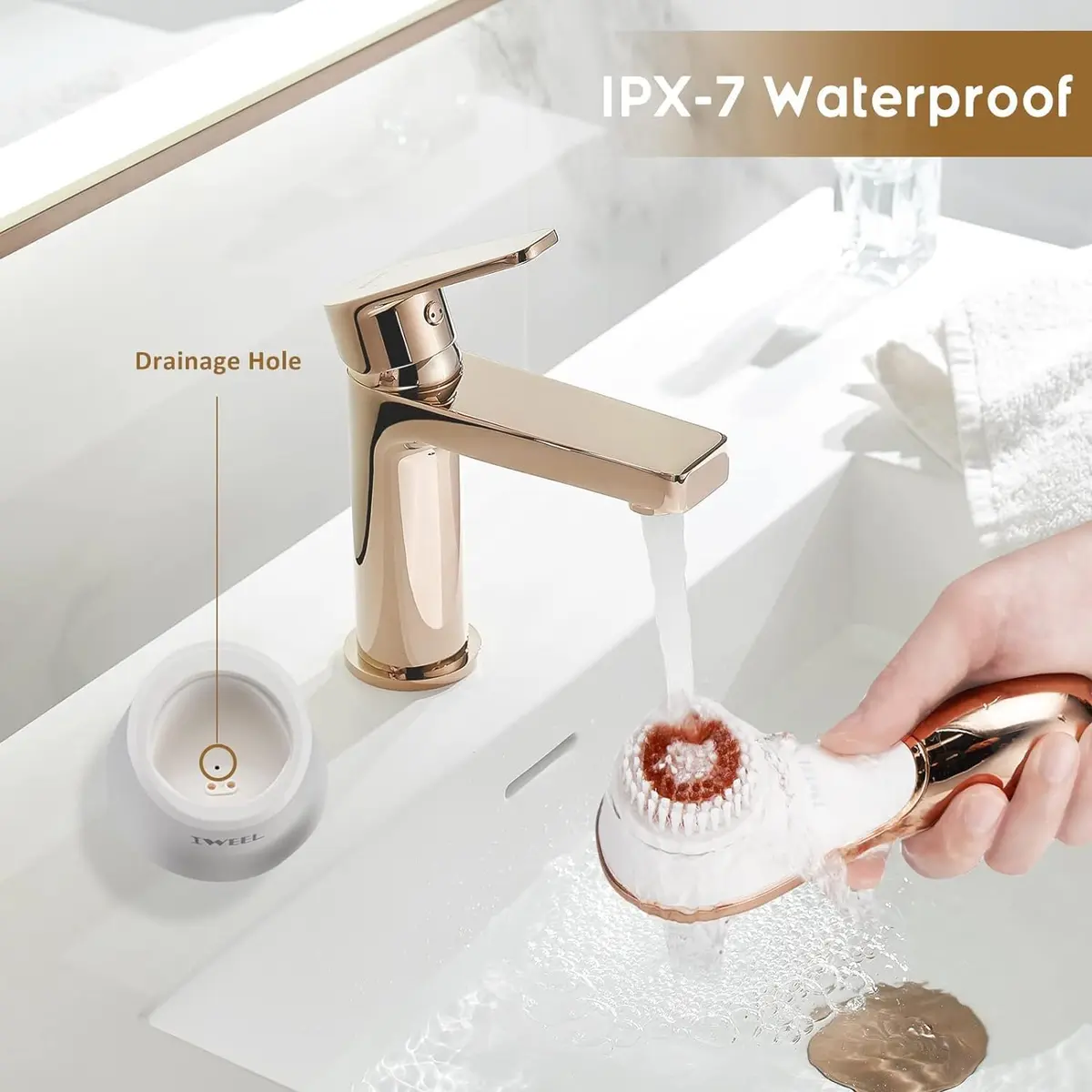 IWEEL Electric Facial Cleansing Brush with 4 Brush Heads - White & Rose Gold | Deep Pore Cleansing & Exfoliation System - view 6
