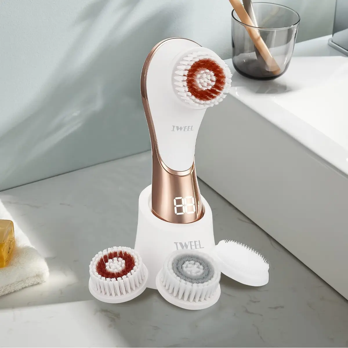 IWEEL Electric Facial Cleansing Brush with 4 Brush Heads - White & Rose Gold | Deep Pore Cleansing & Exfoliation System - view 7